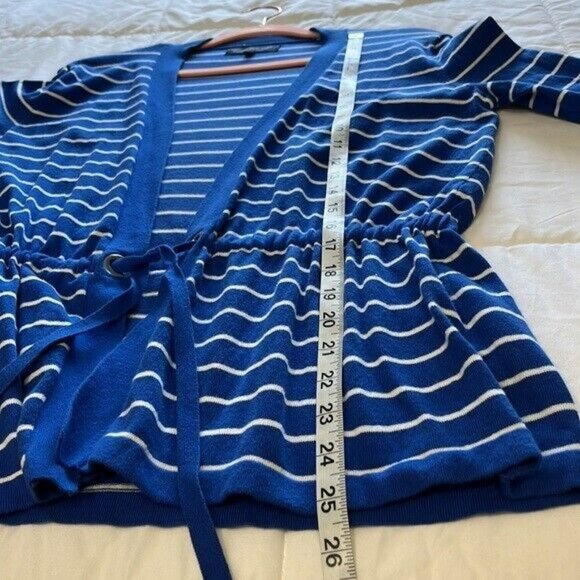 Jones New York Cardigan Sweater, Open Front with Drawstring, Blue and White, L - Picture 7 of 10